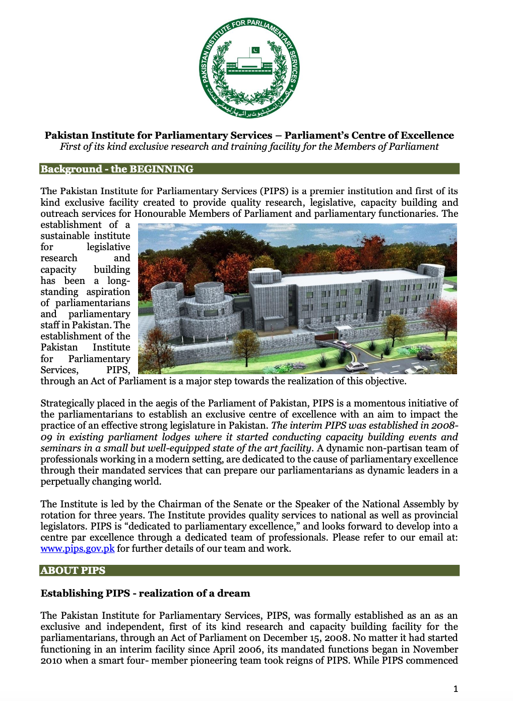 The Pakistan Institute for Parliamentary Services (PIPS) information package